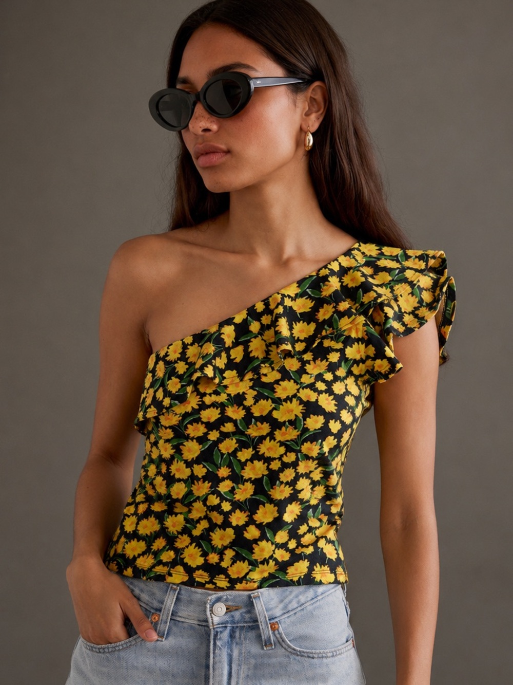 Maeve Anthropologie One Shoulder Floral Ruffle Top XS Yellow Black NWT